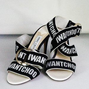 Jimmy Choo Black & White Baliey Logo Heels